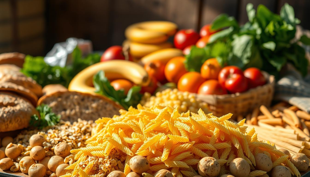 A bountiful assortment of whole grain breads, pasta, and potatoes fill the foreground, radiating a warm, golden hue under natural daylight. In the middle ground, clusters of colorful fresh fruits and vegetables, including bananas, oranges, and leafy greens, providing a balanced mix of complex carbohydrates and essential nutrients. The background features a rustic, wooden table, evoking a sense of nourishment and sustenance, perfect for a survival situation. The image conveys the idea of carbohydrates as a reliable source of sustained energy, essential for enduring challenging conditions.