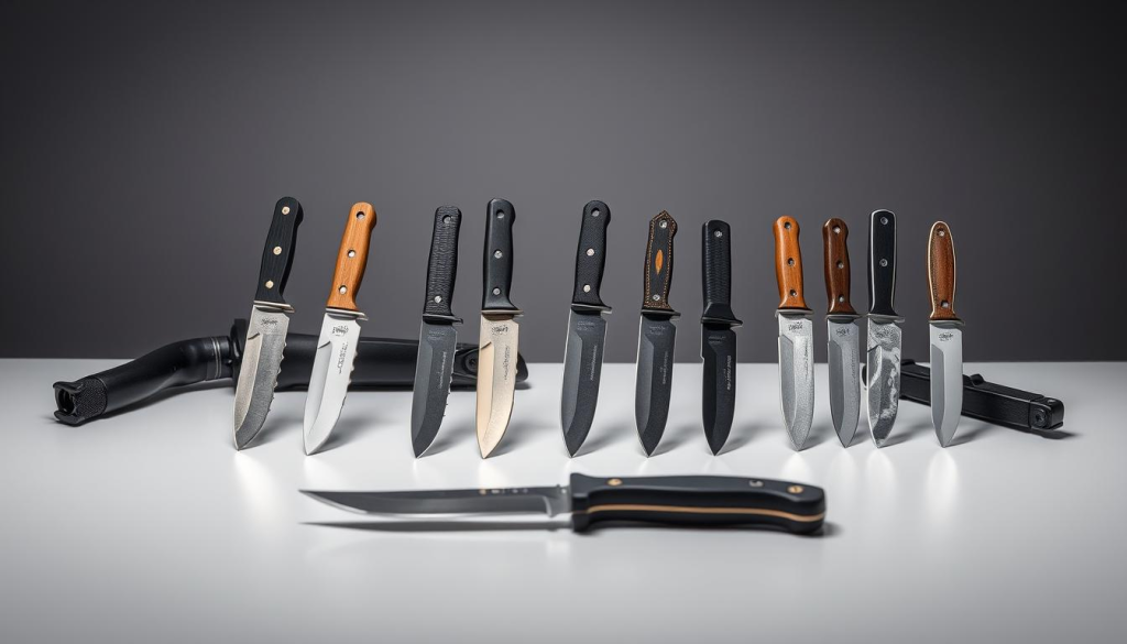 A clean, well-lit table displaying a collection of high-quality fixed blade knives, each with a distinct design and purpose. The knives are positioned prominently, their blades gleaming under the soft, directional lighting. In the background, a subtle gradient creates a sense of depth and focus, drawing the viewer's attention to the carefully curated selection of survival tools. The overall atmosphere is one of practicality, functionality, and preparedness, reflecting the intended use of these knives in a bug-out bag scenario.