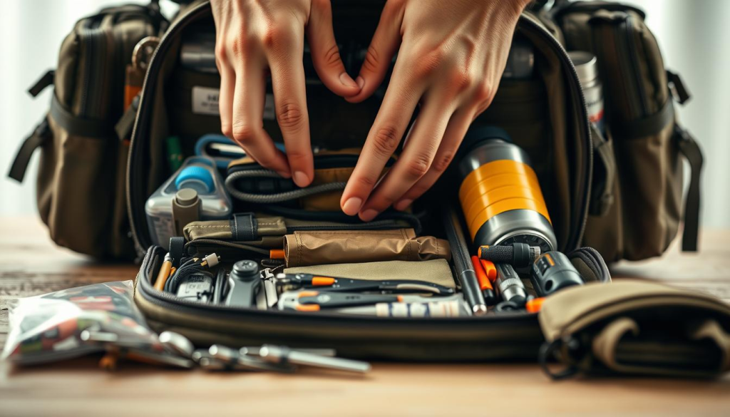 A close-up view of a person's hands carefully organizing and customizing the contents of a tactical-style bug out bag. The foreground shows an array of personal supplies - first aid kits, multi-tools, water bottles, and other survival essentials - being meticulously arranged in the bag's compartments. The middle ground features the open bug out bag resting on a wooden surface, with the person's hands delicately placing each item in its designated spot. The background is softly blurred, creating a sense of focus on the personalization process. The lighting is natural and diffuse, casting a warm, contemplative tone over the scene. The overall mood evokes a feeling of thoughtful preparation and attention to detail in tailoring the bug out bag to the owner's specific needs.
