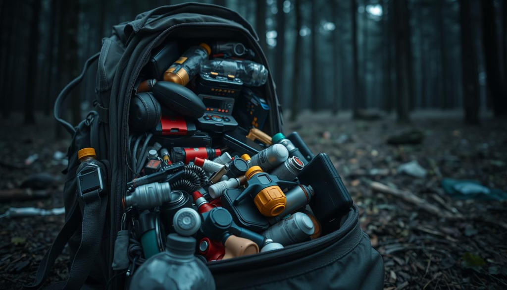 A cluttered array of miscellaneous items spills out from an open backpack, with heavy camping gear, water bottles, and electronic devices scattered haphazardly. The backpack's straps appear strained, suggesting an excessive weight load. In the background, a dimly lit forest setting creates a sense of impending urgency, emphasizing the importance of packing the essentials for a potential bug-out scenario. The scene is captured with a wide-angle lens, highlighting the disorganized and overwhelming nature of the mistake. Moody, muted tones and soft shadows convey a sense of difficulty and strain associated with carrying an overly heavy bug-out bag.