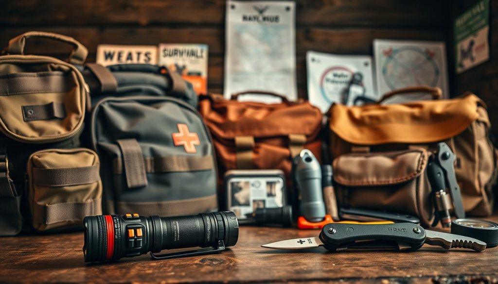 A collection of rugged, well-equipped bug out bags arranged on a rustic wooden table. The bags are crafted from durable, weatherproof materials like ballistic nylon and leather, featuring multiple compartments, tactical webbing, and reinforced handles. In the foreground, a compact, high-quality flashlight and a multi-tool with an array of specialized functions are prominently displayed. The middle ground showcases a compact first-aid kit, a water filtration system, and emergency blankets, all essential survival gear. In the background, a compass, a survival knife, and a weatherproof map provide a sense of preparedness. The lighting is warm and natural, creating a sense of reliability and dependability. The overall composition conveys the message of being well-equipped and ready to face any emergency.