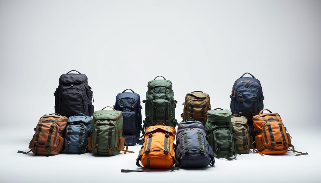 A collection of survival backpacks showcased in a well-lit studio setting. The backpacks are arranged in the foreground, featuring a variety of styles, sizes, and colors, all designed for outdoor adventures and emergency preparedness. The middle ground showcases the key features of each backpack, such as durable materials, ample storage compartments, and ergonomic straps. The background is a clean, minimal backdrop, allowing the backpacks to take center stage. The overall mood is one of functionality, practicality, and readiness for any unexpected situation.