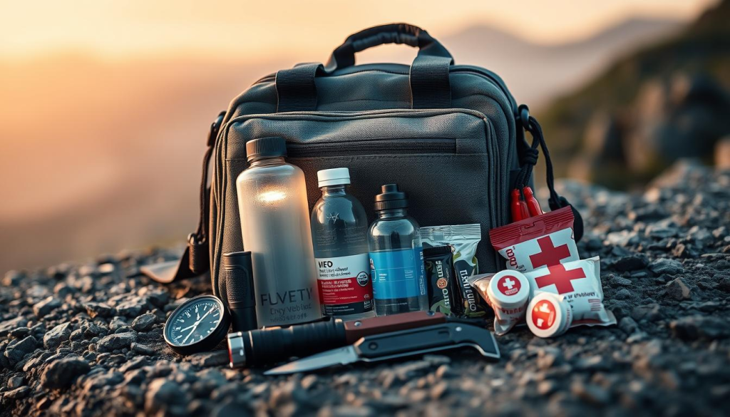 A compact bug out bag rests on a rugged surface, its durable fabric and straps catching the warm light from an overhead lamp. The bag's design is streamlined, with multiple pockets and compartments for efficient organization. In the foreground, a compass, flashlight, and survival knife are neatly arranged, ready for any emergency. The middle ground showcases a water bottle, energy bars, and a first-aid kit, all essential for sustaining oneself during a crisis. In the background, a faint outline of a wilderness landscape hints at the bag's purpose - to provide the necessary tools and supplies for navigating unpredictable situations.
