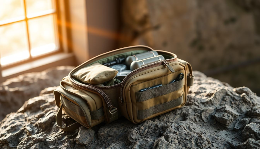 A compact, lightweight bug out bag rests on a rugged, textured surface, its contents neatly organized and easily accessible. The bag's exterior features durable, weatherproof materials in a muted, tactical color palette, with strategically placed pockets and compartments. Sunlight filters through a window, casting a warm, natural glow on the scene, highlighting the bag's practical design and functionality. The overall impression conveys a sense of preparedness and efficiency, suitable for a versatile, mobile survival kit.