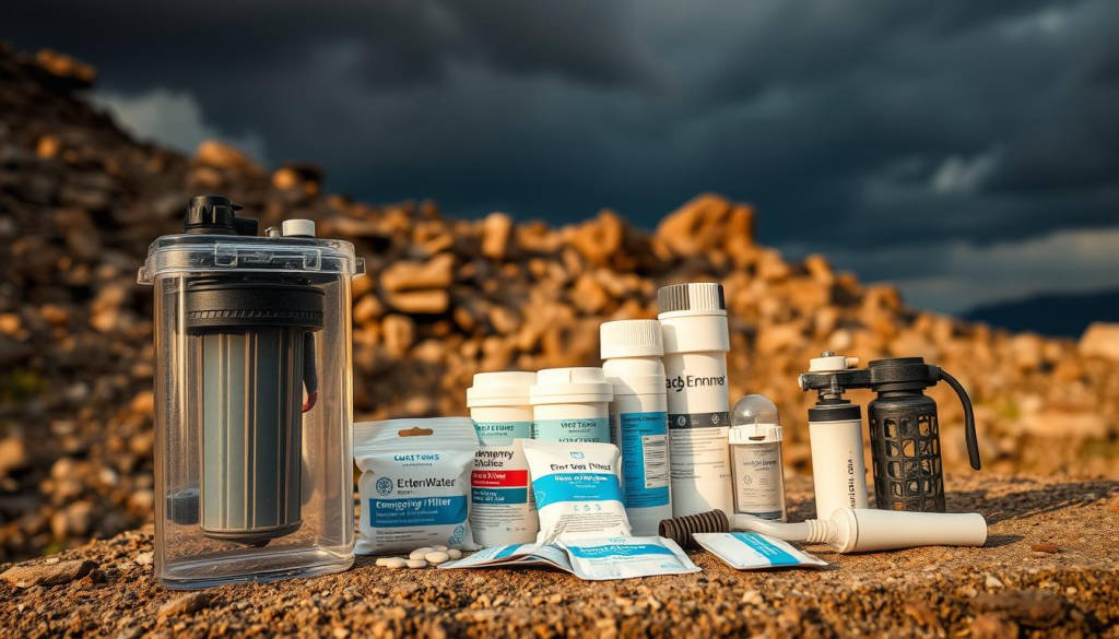 A compact, portable water filtration system sits in the foreground, its clear plastic housing revealing intricate mechanical components. In the middle ground, an array of emergency water purification tablets, filters, and a hand-powered pump are neatly arranged, ready for deployment. The background depicts a rugged, outdoor environment, with a rocky landscape and ominous storm clouds overhead, emphasizing the need for reliable, self-contained water treatment solutions in survival situations. Warm, natural lighting illuminates the scene, creating a sense of urgency and preparedness.
