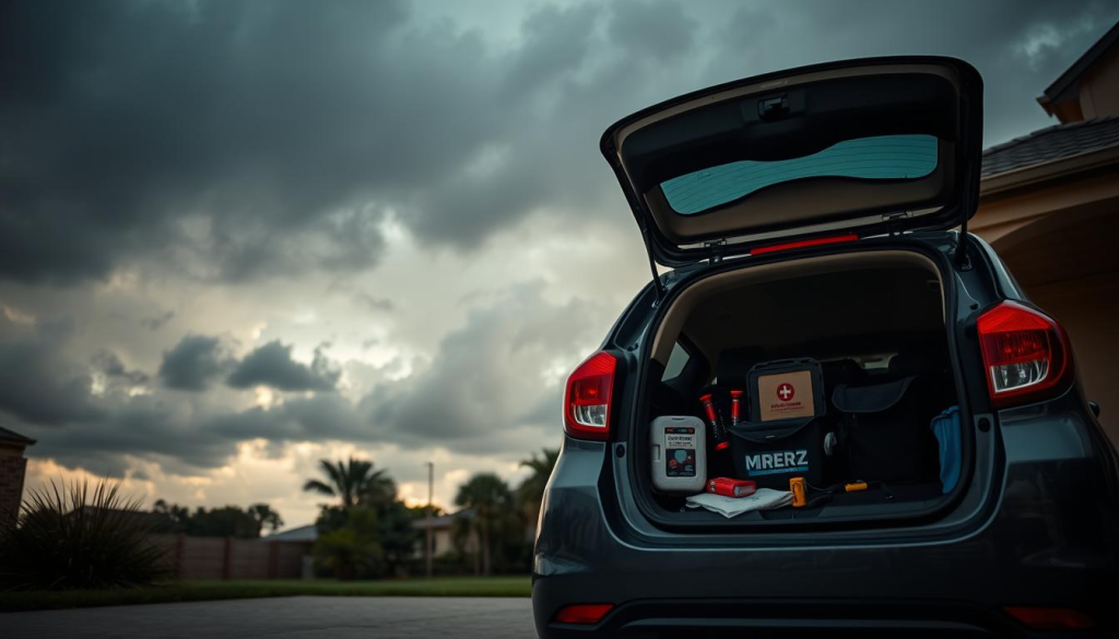 A compact vehicle parked in a driveway, preparing for an approaching cyclone. The car's trunk is open, revealing emergency supplies like flashlights, batteries, and a first-aid kit. The sky in the background is ominous, with dark clouds and a sense of foreboding. The lighting is warm and diffused, casting long shadows across the scene. The camera angle is slightly low, emphasizing the size and importance of the vehicle. The overall mood is one of anticipation and readiness, as the homeowner ensures their transportation is equipped to weather the storm.