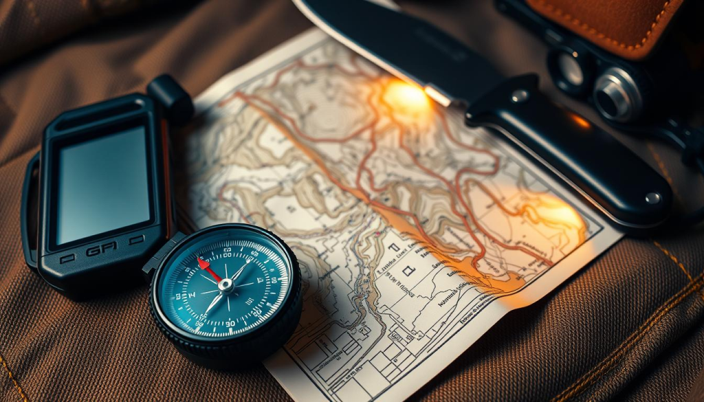 A compact, well-equipped toolkit of essential navigation tools lies on a rugged canvas surface. In the foreground, a high-quality compass, its needle steadily pointing north, is accompanied by a sleek, weatherproof GPS device. In the middle ground, a detailed topographic map is spread out, its contours and landmarks clearly visible under the warm, directional lighting. In the background, a sturdy, multifunctional survival knife and a durable, luminous flashlight stand ready for any unexpected challenges. The overall scene conveys a sense of preparedness, adventure, and a determination to stay on course, no matter the obstacles.