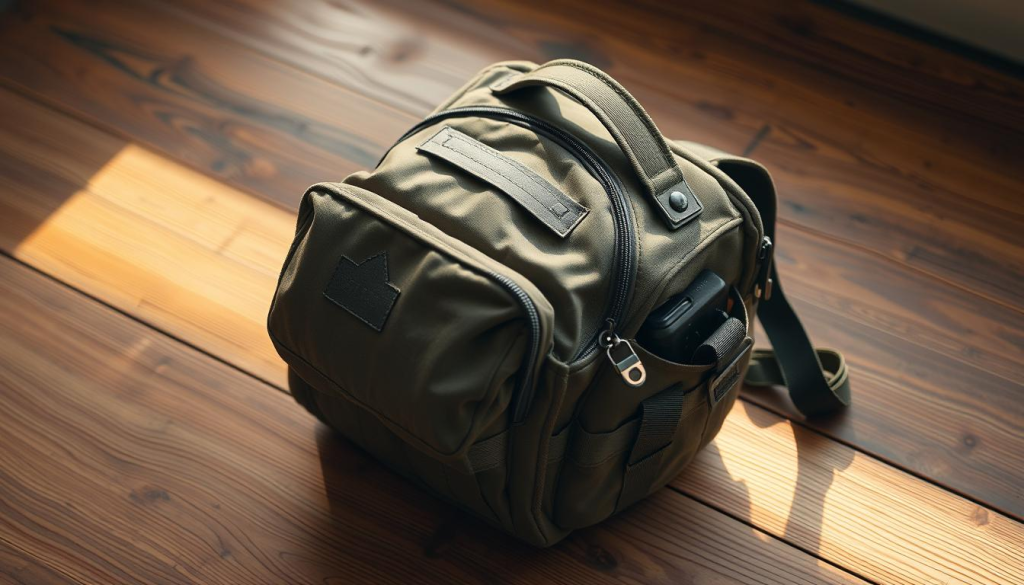 A compact, well-organized bug out bag rests on a wooden surface, illuminated by warm, directional lighting that casts soft shadows. The bag's exterior is made of rugged, water-resistant nylon in a muted, earthy tone, with strategically placed pockets and attachment points. The design prioritizes functionality, with a padded shoulder strap and a sturdy handle for easy carrying. The bag's contents are carefully arranged, visible through the semi-transparent material, hinting at the essential survival gear within – a testament to the owner's preparedness. The overall composition conveys a sense of practicality and self-reliance, ready to face unexpected challenges.
