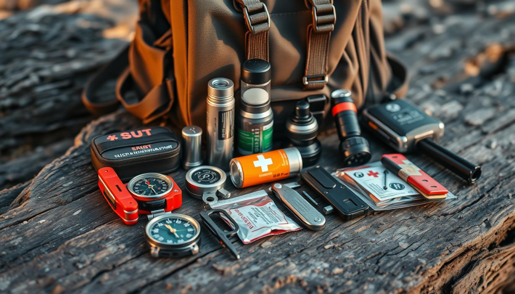 A compact, well-stocked emergency survival kit rests on a rugged, weathered wooden surface. In the foreground, various essential items are neatly arranged, including a high-quality compass, a sturdy multi-tool, a water purification system, and a compact first-aid kit. The middle ground features a durable, high-visibility flashlight and a reliable fire-starting tool, while the background showcases a resilient, water-resistant backpack to contain the kit. The lighting is natural, casting warm, even shadows that accentuate the utilitarian, no-nonsense nature of the setup. The overall mood conveys a sense of preparedness and self-reliance, inspiring confidence in tackling unexpected emergencies.