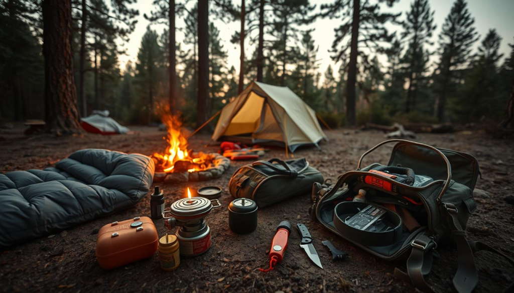 A cozy campsite nestled in the wilderness, with a warm fire crackling and a tent glowing softly in the fading daylight. In the foreground, an array of essential bug-out gear lays neatly arranged: a sturdy sleeping bag, a self-inflating sleeping pad, a compact camp stove with fuel canisters, and a weatherproof tarp. The middle ground features a well-stocked backpack, its contents spilling out to reveal a headlamp, a survival knife, and a first aid kit. In the background, towering pine trees sway gently, casting long shadows across the peaceful scene, creating a sense of security and shelter.