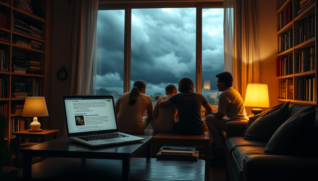 A cozy living room with a large window overlooking a stormy sky. The room is dimly lit, with a single lamp casting a warm glow. On the coffee table, a laptop displays a web page with cyclone safety tips, the screen illuminating the worried faces of a family huddled nearby. Bookshelves line the walls, filled with reference materials on emergency preparedness. The atmosphere is tense yet focused, as the family prepares to weather the impending cyclone.