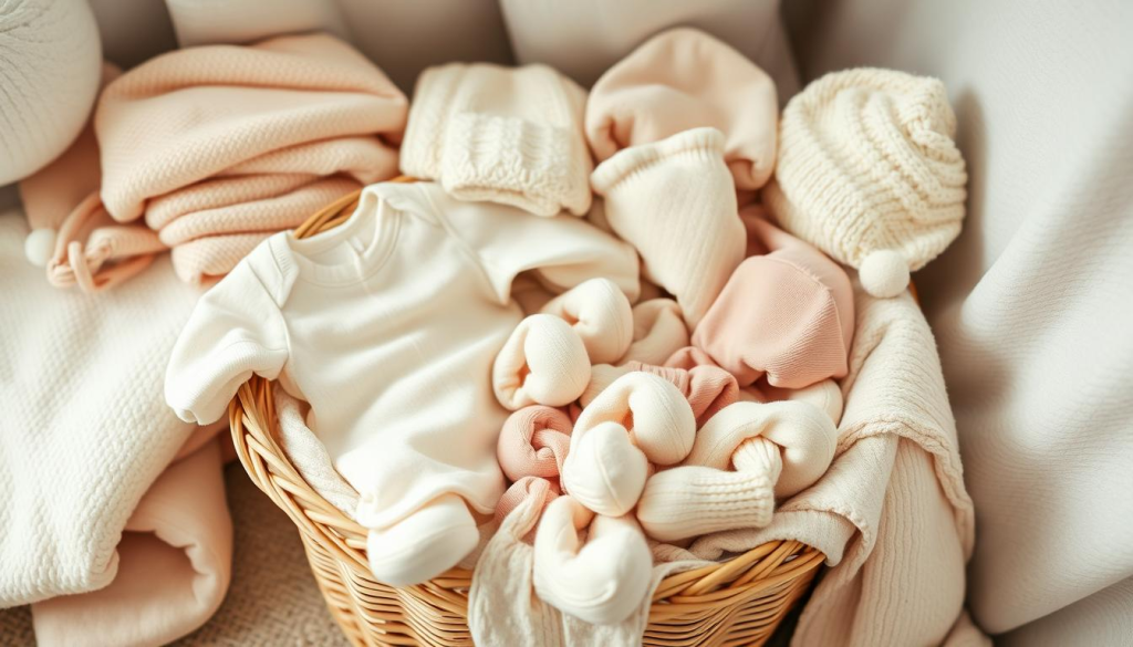 A cozy nursery filled with soft, organic newborn clothing essentials. In the foreground, a basket overflows with plush onesies, footed pajamas, and delicate socks in neutral tones of beige, ivory, and dusty rose. Surrounding it, a gentle arrangement of textured swaddle blankets, burp cloths, and hats in a harmonious color palette. Soft, diffused lighting casts a warm, intimate glow, highlighting the high-quality natural fabrics. The composition conveys a sense of comfort, simplicity, and thoughtful preparation for the arrival of a newborn.