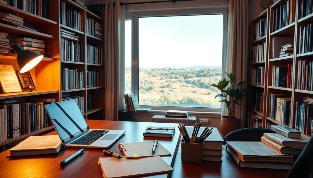 A cozy study nook, filled with books, notebooks, and pens. In the foreground, a wooden desk with a laptop, highlighters, and sticky notes. Bookshelves line the walls, housing a collection of educational materials and reference guides. Soft, warm lighting casts a inviting glow, creating a productive and contemplative atmosphere. A large window overlooking a serene, natural landscape provides inspiration and a sense of balance. The scene conveys a space dedicated to learning, skill development, and personal growth for a beginner prepper.