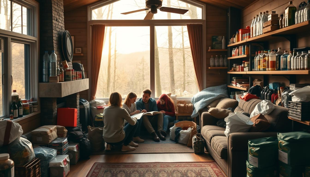 A cozy, well-stocked home interior with plentiful supplies and essential items for emergency preparedness. In the foreground, a family gathered around a warm fireplace, discussing their emergency plan. The middle ground features neatly organized shelves stocked with canned goods, water bottles, first-aid kits, and other survival gear. The background showcases large windows overlooking a peaceful, wooded landscape, suggesting a safe, secluded location. Warm, natural lighting bathes the scene, creating a sense of comfort and security. The overall atmosphere conveys a feeling of readiness and self-reliance, capturing the essence of "shelter and home preparedness".