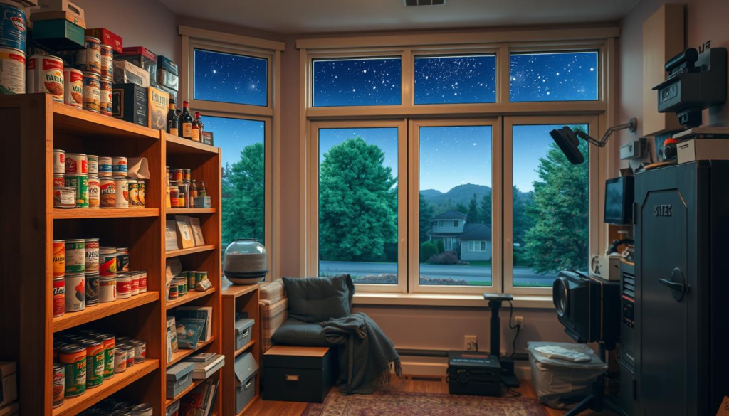 A cozy, well-stocked home prepping scene. In the foreground, a sturdy wooden shelving unit displays an array of survival essentials - canned goods, water purification tablets, first aid kits, and emergency supplies. The middle ground features a well-equipped home security setup, including motion-sensor lights, a reliable CCTV system, and a secure safe. In the background, large windows reveal a serene suburban landscape, with lush greenery and a clear, starry night sky, conveying a sense of safety and preparedness. The scene is illuminated by a warm, ambient lighting, creating a comforting and reassuring atmosphere.