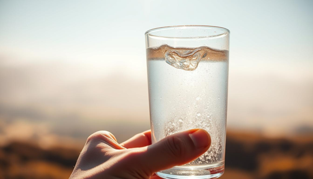 A crisp, clear glass of water, condensation beading on the surface, casting a soft, luminous glow under natural sunlight. In the foreground, a hand reaches out, fingers grasping the cool, refreshing vessel, conveying a sense of thirst quenched and vitality restored. The background fades into a blurred, hazy landscape, emphasizing the singular focus on hydration as the essential, life-sustaining element. Captured with a shallow depth of field and warm, golden tones, the image evokes a feeling of tranquility and rejuvenation, perfectly encapsulating the importance of hydration for survival.