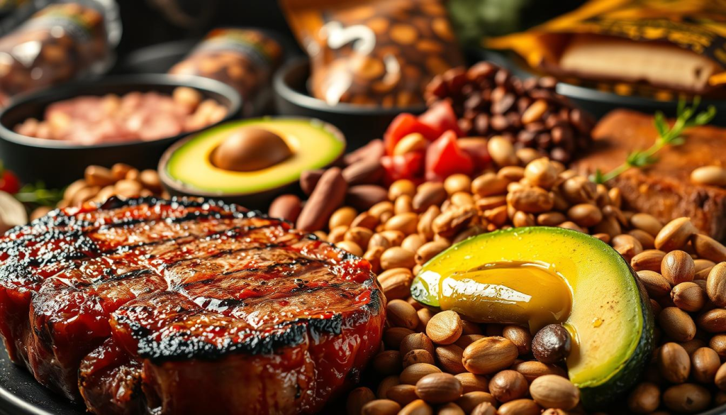 A cross-section of various high-calorie foods, each bursting with vibrant colors and textures. In the foreground, a hearty steak sizzles under warm, golden lighting, its marbled fat glistening. Beside it, a pile of dense, protein-rich nuts and seeds spill out, their rich brown hues contrasting against the plate. In the middle ground, a bowl of creamy, high-fat avocado and a drizzle of olive oil add depth and contrast. The background features a variety of calorie-dense survival foods like dried meat, trail mix, and energy bars, all captured in sharp focus under a moody, dramatic lighting setup. The scene conveys the importance of caloric density for sustaining energy and nourishment in survival situations.