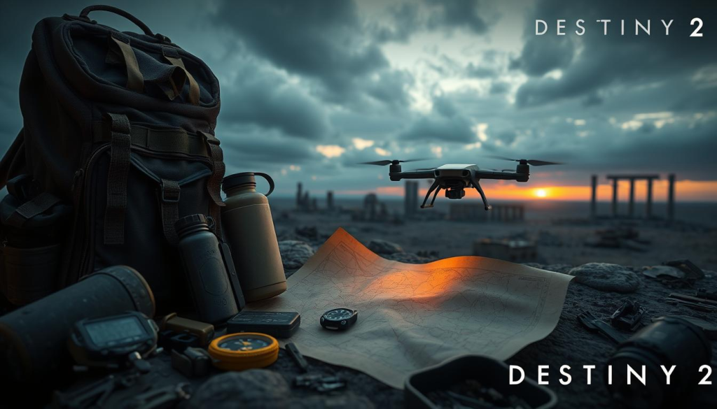 A detailed and immersive scene showcasing Destiny 2 survival gear. In the foreground, an array of tactical equipment including a backpack, compass, multi-tool, and water canteen. In the middle ground, a Ghost drone hovers over a weathered map, casting a warm glow. In the background, a desolate, post-apocalyptic landscape with crumbling ruins, a cloudy sky, and a distant horizon bathed in an orange sunset hue. The overall mood is one of preparedness and resilience, as the survivor navigates the challenges of the Destiny 2 universe. Realistic textures, high-resolution, cinematic lighting, and a sense of depth and scale.