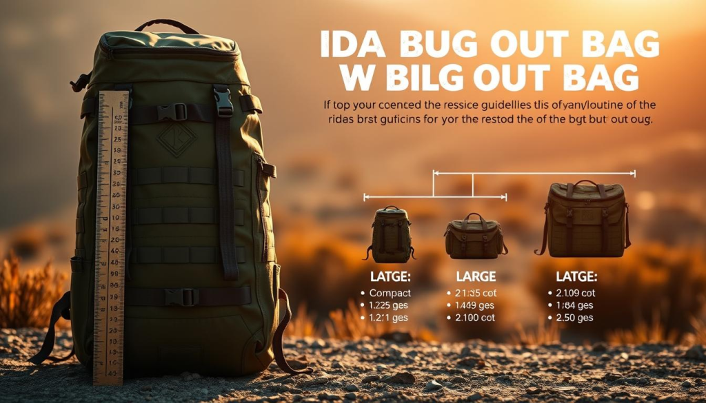A detailed and informative infographic showcasing the recommended size guidelines for an ideal bug out bag. Prominent in the foreground, a backpack with a ruler overlay, highlighting the optimal dimensions. In the middle ground, a clear visual hierarchy outlining different bag sizes, from compact to large, along with their corresponding capacities. The background features a muted, textured landscape, evoking a sense of preparedness and outdoor adventure. Warm, natural lighting casts a soft glow, emphasizing the practical and functional nature of the scene. Meticulously composed to provide a comprehensive, visual reference for individuals seeking to assemble the perfect bug out bag.