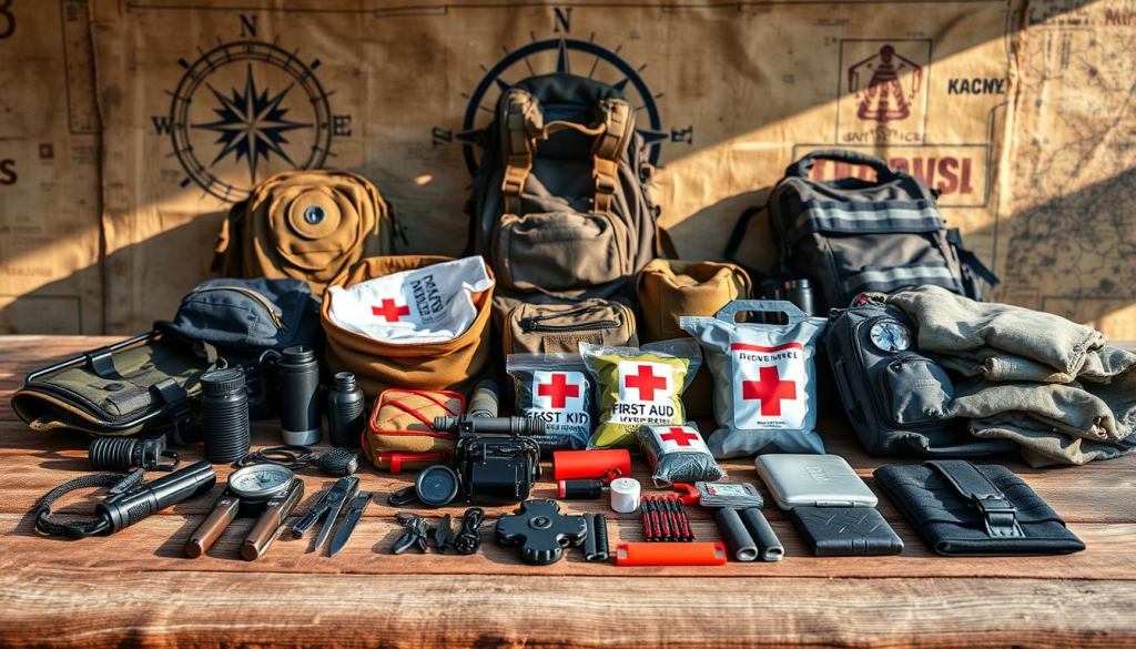 A detailed checklist for a well-equipped bug out bag laid out on a rugged wooden surface. In the foreground, an assortment of essential survival gear including a compass, flashlight, multi-tool, water filter, and fire starter. In the middle ground, tactical backpacks, first aid kits, and emergency blankets. The background features a distressed map, a compass rose, and a subtle camouflage pattern, evoking a sense of preparedness and adventure. The lighting is natural and warm, casting gentle shadows that accentuate the textures of the materials. The overall composition conveys a practical, no-frills approach to emergency preparedness.