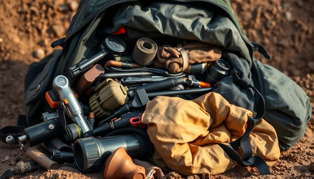 A detailed close-up of an over-packed bug out bag, its contents spilling out, conveying a sense of poor weight management and common packing mistakes. The bag is set against a muted, earthy background, illuminated by soft, natural lighting to highlight the various items, from heavy tools to bulky clothing. The composition emphasizes the disorganized nature of the pack, creating a sense of visual tension and the need for a more thoughtful, streamlined approach to packing an efficient bug out bag.