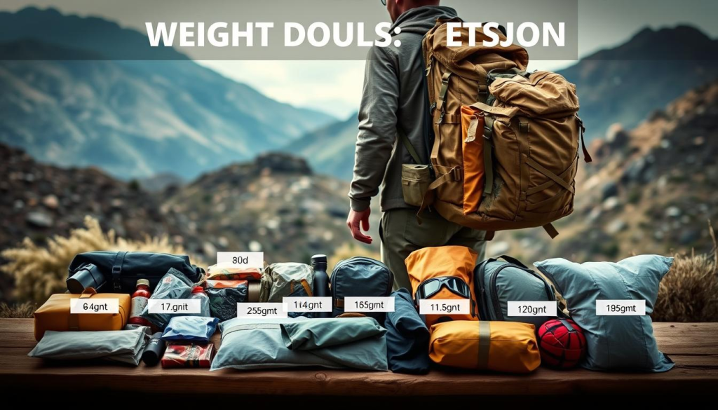 A detailed image showcasing the weight distribution of a meticulously packed bug out bag. In the foreground, an assortment of survival gear and essential supplies are neatly arranged, each item labeled with its weight. The middle ground features a person wearing the backpack, their posture and stance indicating the balanced load. The background depicts a rugged, outdoor landscape, hinting at the bag's intended use in a wilderness survival scenario. Soft, directional lighting from the side creates depth and emphasizes the texture of the materials. The overall mood is one of preparedness and practicality, reflecting the subject's importance in the context of emergency preparedness.