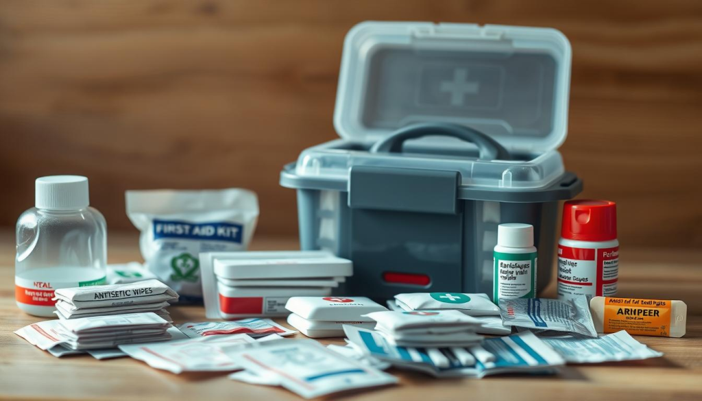 A detailed still life of essential items for a car first aid kit, shot with a high-resolution camera lens in warm, natural lighting. In the foreground, a neatly arranged selection of medical supplies, including bandages, antiseptic wipes, gauze pads, and pain relievers. In the middle ground, a modern, sturdy plastic storage case with clear compartments to hold the items. The background features a simple, uncluttered setting, perhaps a wood or neutral-toned surface, emphasizing the practical and organized nature of the kit. The overall mood is calm, functional, and focused on preparedness for minor roadside emergencies.