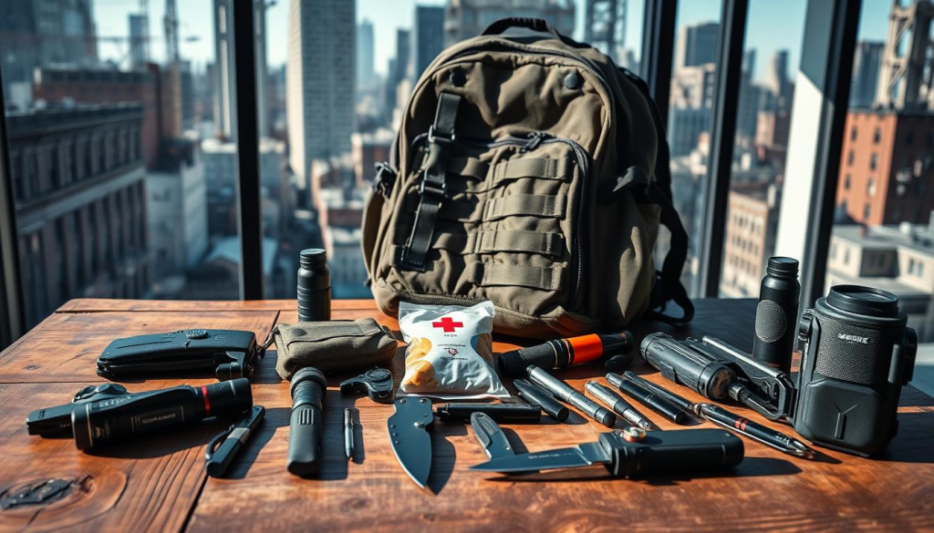 A detailed urban bug out gear display, showcased on a worn wooden table under bright, natural lighting. In the foreground, various survival essentials are neatly arranged: a compact multi-tool, a sturdy flashlight, a weatherproof first-aid kit, and a sturdy folding knife. In the middle ground, a lightweight backpack with padded straps and multiple compartments takes center stage, surrounded by smaller items like a fire starter, a compass, and a tactical pen. The background features a gritty, industrial cityscape visible through a large window, hinting at the potential for urban upheaval and the need for such preparedness.