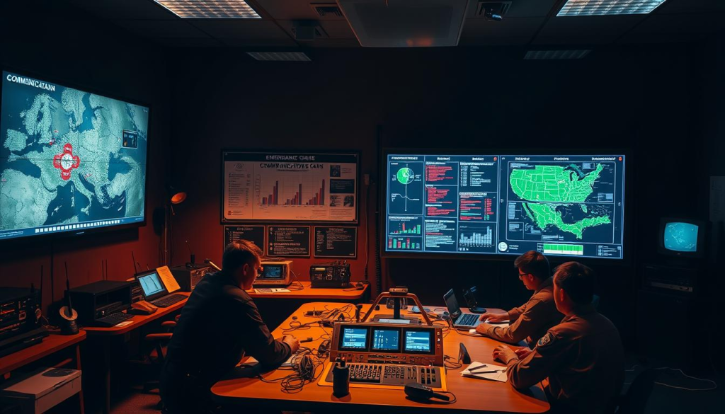 A dimly lit command center, with a large wall-mounted screen displaying a detailed emergency communication plan. Tactical maps, radio equipment, and a team of emergency responders huddled around a table, collaborating on strategies. Warm lighting illuminates the room, creating a sense of urgency and preparedness. A central console features various communication channels, with icons representing satellite, cellular, and radio networks. The overall atmosphere conveys the importance of a well-designed bug-out communication plan for emergency situations.