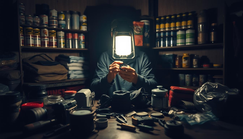 A dimly lit indoor setting, with a table in the foreground displaying an array of survival gear and supplies. In the middle ground, a person is carefully examining a compass, their face illuminated by the soft glow of a lantern. The background features shelves stocked with canned goods, water bottles, and other emergency provisions, casting long shadows that convey a sense of preparedness and resilience. The overall atmosphere is one of quiet concentration, with muted tones and a subtle sense of unease, suggesting the importance of being ready for potential threats or disruptions.