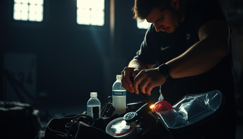 A dimly-lit, indoor training space with a focus on a person meticulously packing a bug out bag. Backlit by soft natural light filtering through windows, the scene exudes a sense of focused determination. The individual carefully selects and arranges essential survival gear - water, first aid kit, multi-tool, flashlight, and more - showcasing the importance of preparedness. The background is blurred, drawing the viewer's attention to the central activity. The lighting creates dramatic shadows, adding depth and a sense of gravity to the training exercise. The overall mood is one of intentional, disciplined preparation for potential emergencies.
