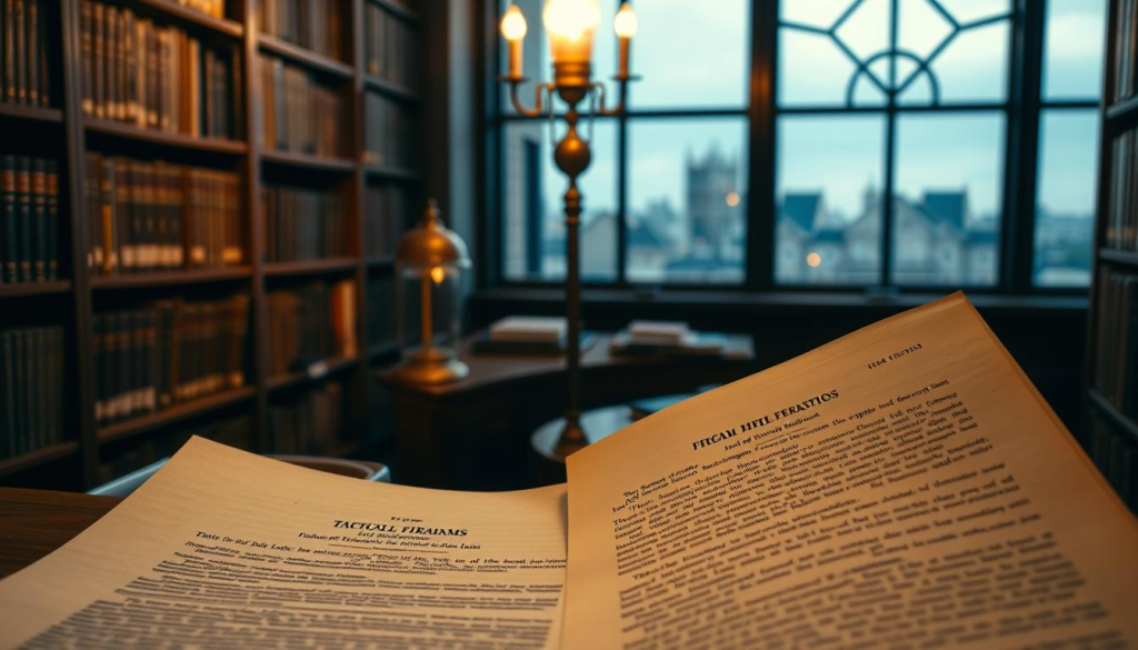 A dimly-lit library interior, wooden shelves lining the walls, filled with books on firearms laws and regulations. In the foreground, a legal document unfurled, its text detailing the key aspects of tactical firearms legislation. Backlit by a warm glow, the document's content is clearly visible, inviting the viewer to study the intricacies of the legal landscape. The middle ground features a vintage brass lamp, casting a soft, contemplative light over the scene. In the background, a large window overlooking a cityscape, hinting at the broader context in which these laws are applied. The overall mood is one of seriousness and scholarly investigation, reflecting the importance of understanding the legal framework surrounding the responsible ownership and use of firearms.