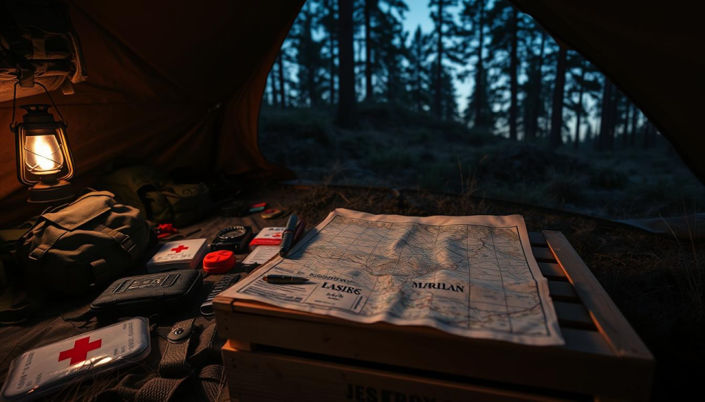 A dimly lit military tent in a wilderness setting, its interior illuminated by a flickering lantern. In the foreground, an array of survival gear is neatly organized - a backpack, first-aid kit, compass, and other essential items. The middle ground features a tattered map spread out on a wooden crate, hinting at a journey or impending departure. In the background, the silhouettes of tall trees sway gently, creating an atmosphere of quiet preparedness. The scene evokes the origin of the "bug out bag" concept - a compact, portable kit designed for quick evacuation in times of emergency or crisis.