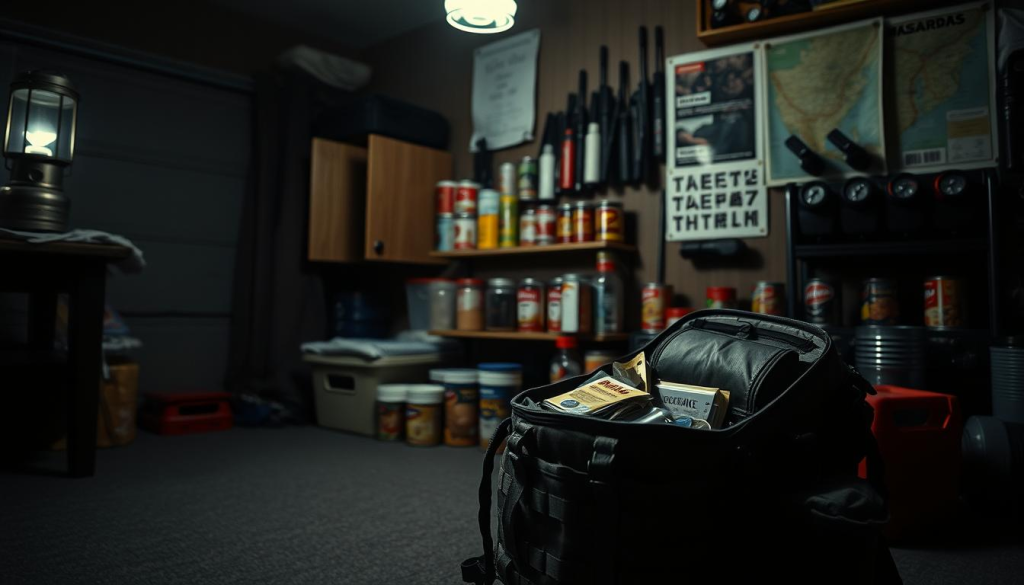 A dimly lit room, the faint glow of emergency lanterns casting long shadows. In the foreground, a meticulously organized bug-out bag, its contents arranged with precision - water purifiers, first-aid kits, survival tools, and emergency rations. The middle ground features a well-stocked pantry, canned goods, and storage containers, a testament to preparedness. In the background, a wall-mounted display showcases essential emergency supplies - flashlights, radios, and a map of the local area. The atmosphere is one of caution and readiness, a reminder that being prepared is not overkill, but a necessary precaution in the face of uncertain times.