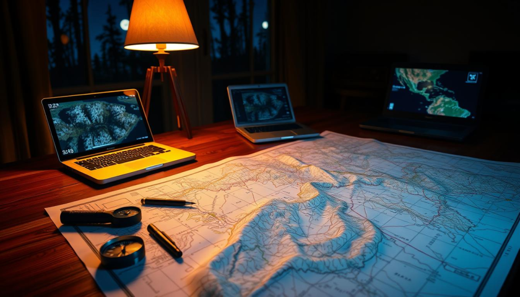 A dimly lit room, with a large map sprawled out on a wooden table. The table is illuminated by a single lamp, casting warm, focused light onto the map, highlighting the intricate details. In the foreground, a compass, a flashlight, and a pen lie beside the map, suggesting a planning session in progress. The middle ground features a laptop displaying GPS coordinates and satellite imagery, providing additional navigational data. In the background, a window reveals a moonlit, forested landscape, evoking a sense of the outdoors and the potential for a bug-out scenario. The overall atmosphere is one of focused preparation and a sense of impending adventure.