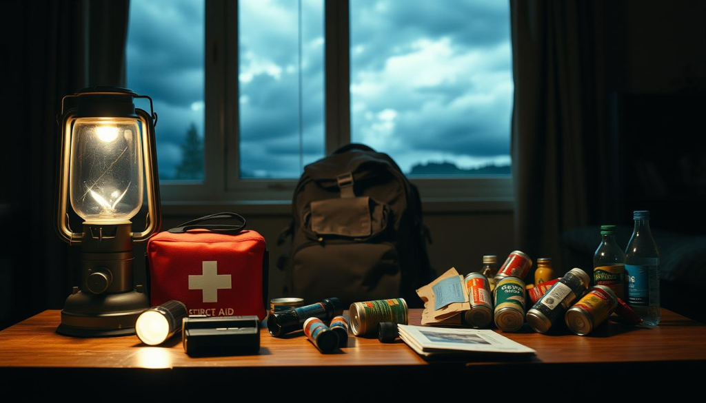 A dimly lit room, with a sense of quiet contemplation. In the foreground, a wooden table holds a lantern, a first aid kit, and emergency supplies - flashlights, batteries, and a hand-cranked radio. The middle ground features a large backpack, its contents spilling out - canned goods, water bottles, and a survival manual. In the background, a window reveals a darkened, stormy sky, conveying a sense of impending uncertainty. The lighting is warm and muted, creating an atmosphere of preparedness and readiness. A 35mm lens captures the scene with a shallow depth of field, focusing the viewer's attention on the essential elements of emergency preparedness.