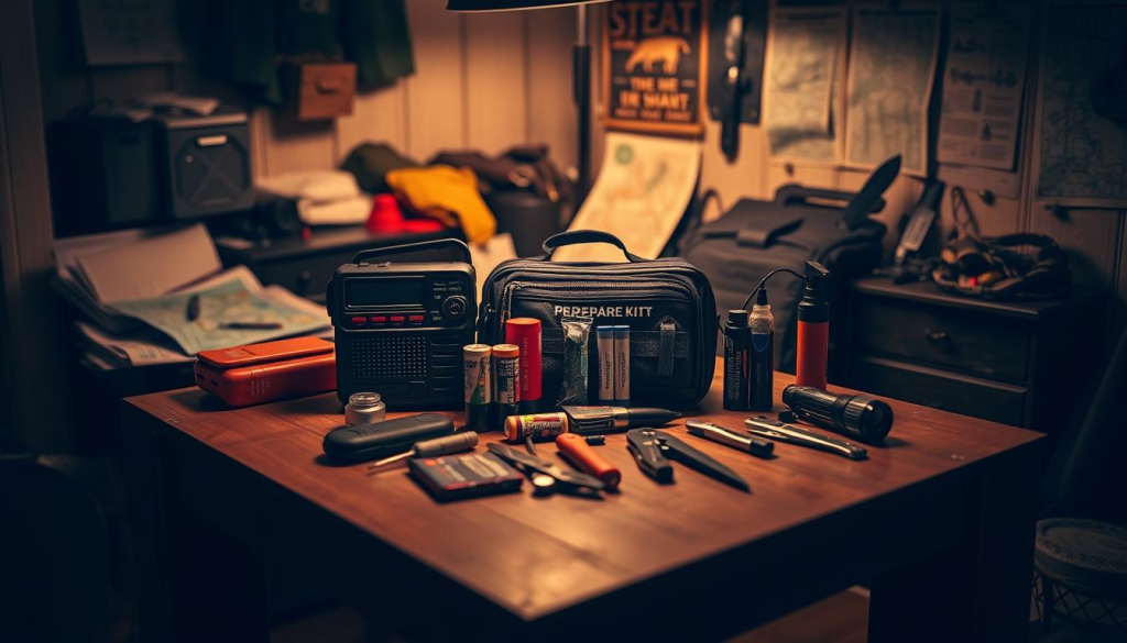 A dimly lit room with an emergency preparedness kit prominently displayed on a sturdy wooden table. The kit includes a handheld radio, a flashlight, batteries, a first-aid kit, a multi-tool, a compass, and a map. The background is filled with other essential items such as a portable power bank, a fire starter, and a survival knife. Soft, warm lighting casts a comforting glow, emphasizing the importance of being prepared for any unexpected situation. The overall scene conveys a sense of readiness and resilience.