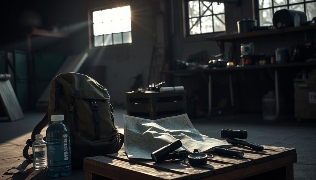 A dimly lit warehouse interior, shadows cast by the late afternoon sun streaming through grimy windows. In the foreground, a well-worn backpack and survival gear - a headlamp, water bottles, a compact first aid kit, and a multi-tool. In the middle ground, a map unfolded on a sturdy wooden crate, with compass and flashlight nearby. The background reveals a makeshift workbench with radio equipment, batteries, and a folding camp stove. The mood is one of preparedness, a sense of quiet focus as the owner assembles their "bug out bag" for potential emergencies.