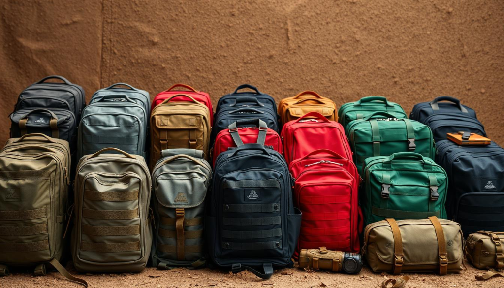 A diverse array of bug out bag colors arranged in a harmonious composition, shot with a wide-angle lens to capture the depth and variety. The foreground features tactical packs in muted shades of olive, grey, and black, their rugged textures and functional designs showcased. The middle ground transitions to a spectrum of vibrant hues - crimson, forest green, deep navy - representing specialized emergency gear. The background subtly blends earthy tones, creating a naturalistic, outdoor-inspired ambiance. Soft, directional lighting casts gentle shadows, highlighting the practical yet visually striking nature of these essential survival supplies.