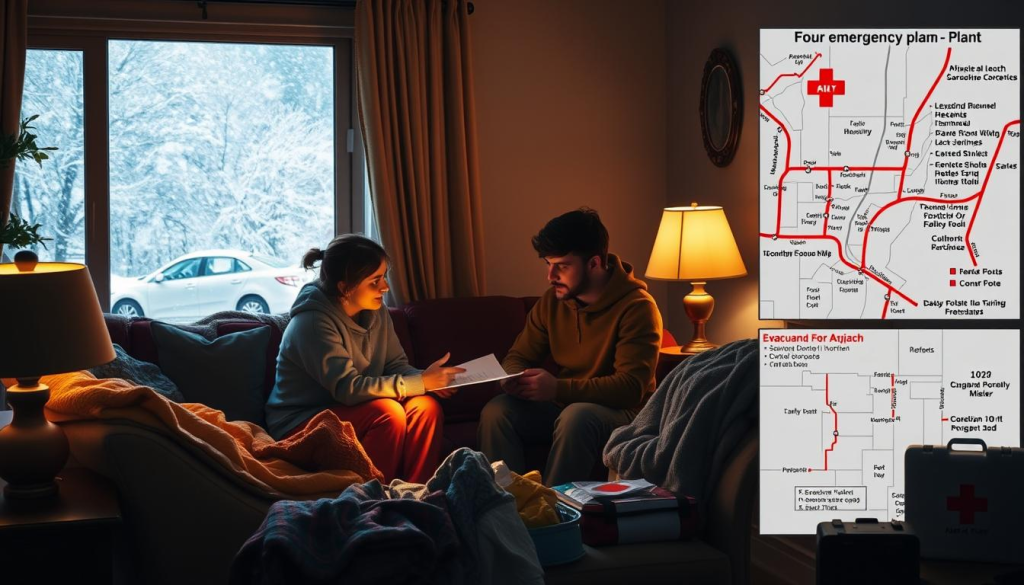 A family gathers in their cozy living room, the soft glow of lamps casting a warm light as they review their emergency plan. Through the window, a swirling winter storm rages, snowflakes dancing in the wind. The living room is filled with blankets, flashlights, and supplies, ready for the impending blizzard. In the background, a map shows the family's evacuation route and meeting points, while a first-aid kit sits nearby, a reminder of the importance of preparation. The scene conveys a sense of calm and readiness, as the family works together to ensure their safety in the face of the looming snow storm.