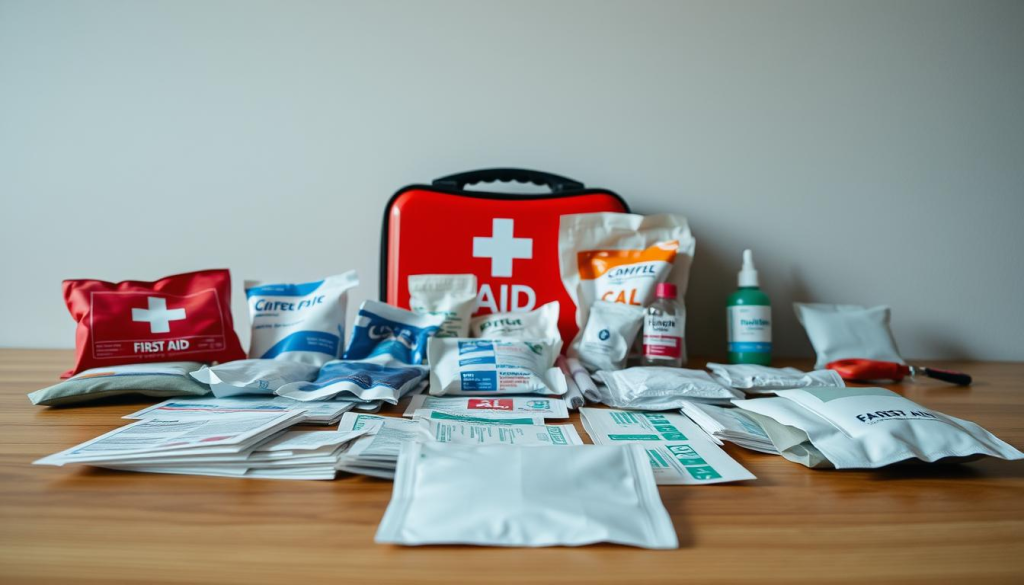 A first aid kit laid out on a wooden table, the contents neatly arranged in the foreground. In the middle ground, bandages, antiseptic wipes, and other essential supplies are displayed against a muted backdrop. The lighting is soft and natural, highlighting the muted colors and textures of the medical items. In the background, a neutral wall or surface provides a clean, uncluttered space, emphasizing the practical and utilitarian nature of the scene. The overall mood is one of preparedness and attention to detail, conveying the importance of having a well-stocked first aid kit for emergency situations.