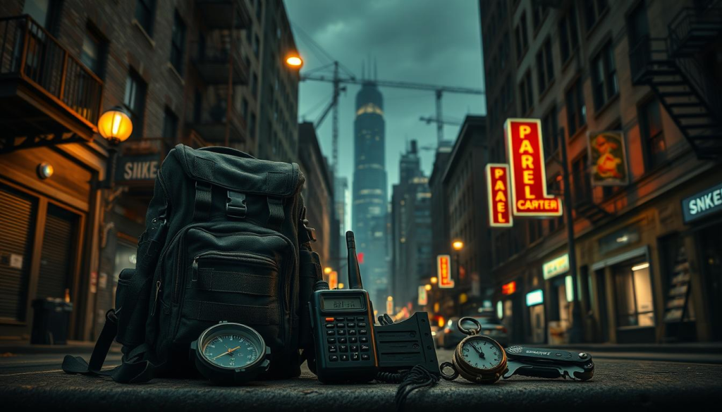 A gritty urban scene, dimly lit by streetlamps and neon signs. In the foreground, an array of bug-out gear is meticulously arranged - a tactical backpack, a handheld radio, a compass, and a multi-tool. The middle ground features a maze of alleyways and fire escapes, while the background is dominated by a towering skyline of skyscrapers and cranes. The overall mood is one of preparedness and resilience, with a sense of the unpredictable lurking in the shadows.