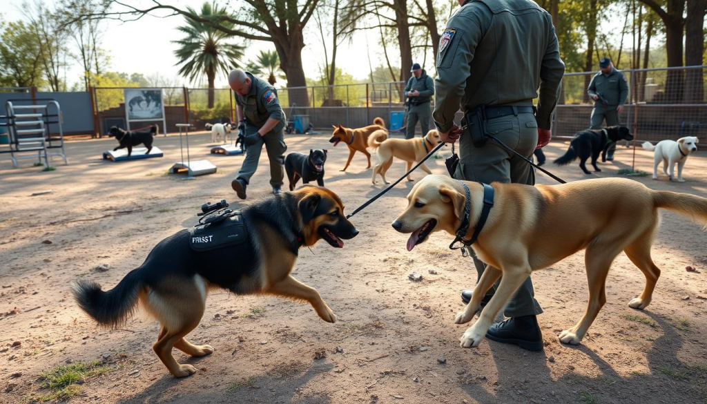 A group of dogs in a secure outdoor training facility, focused on learning emergency response skills. The foreground features a shepherd dog carefully navigating an obstacle course, leashed to a handler in tactical gear. In the middle ground, a Labrador retriever demonstrates retrieving a simulated first aid kit. The background shows various agility equipment and trainers guiding other canines through scent detection and search exercises, all under the warm glow of natural sunlight filtering through trees. The scene conveys an atmosphere of discipline, teamwork, and preparation for crisis situations.