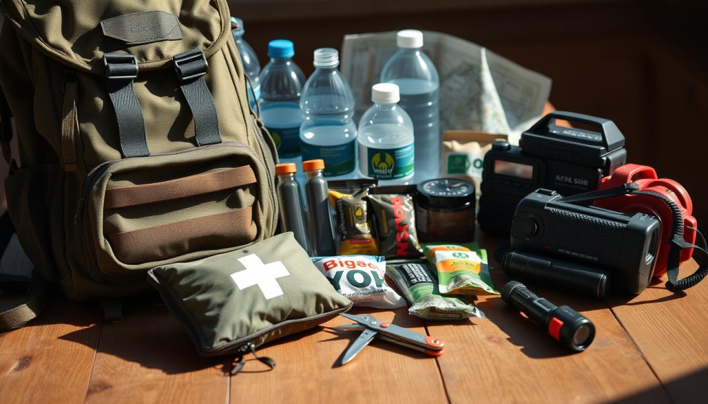 A group of essential bug-out essentials neatly arranged on a wooden table, with natural lighting creating soft shadows and highlights. In the foreground, a sturdy backpack, a first-aid kit, and a multi-tool. In the middle ground, water bottles, energy bars, and a portable radio. In the background, a map, a compass, and a flashlight. The items convey a sense of preparedness and adventure, inviting the viewer to consider the practical considerations of building a comprehensive bug-out bag.