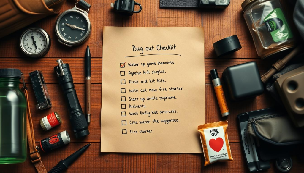 A handwritten checklist against a wooden surface, with various camping and survival gear neatly arranged around it. The lighting is warm and natural, with a soft focus effect that draws the eye to the central checklist. The items include a compass, flashlight, water bottle, first aid kit, fire starter, and other essential supplies for a bug-out bag. The overall mood is one of organization, preparedness, and a sense of adventure.