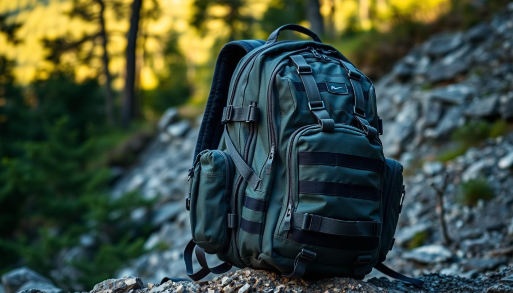 A high-quality, durable bug out bag backpack made of rugged, water-resistant materials, with a sleek, tactical design. The backpack is placed in a well-lit, naturalistic setting, such as a lush forest or a rocky, mountainous terrain, to showcase its versatility and suitability for outdoor survival situations. The backpack features multiple compartments, straps, and pockets for organizing and securing essential survival gear. The lighting is slightly dramatic, creating sharp shadows and highlights that emphasize the backpack's sturdy construction and attention to detail. The overall mood is one of preparedness, adventure, and the ability to face any unexpected challenge.