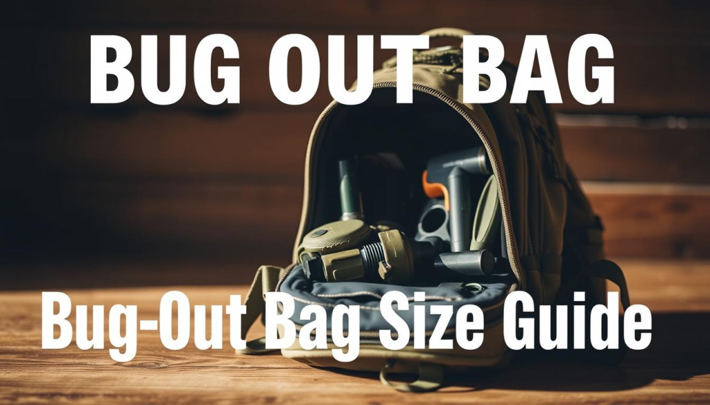 A high-quality image of a "bug out bag size guide" for the "Testing and Adjusting Your Pack Size" section of an article. The image shows a well-lit, close-up view of a rugged, tactical-style backpack placed on a wooden surface. The backpack is open, revealing its interior contents, which include various survival gear and tools. The background is blurred, placing the focus on the backpack and its contents. The lighting is natural and warm, creating a sense of practicality and utility. The camera angle is slightly elevated, providing a clear view of the bag's size and organization. The overall mood is one of preparedness and attention to detail.