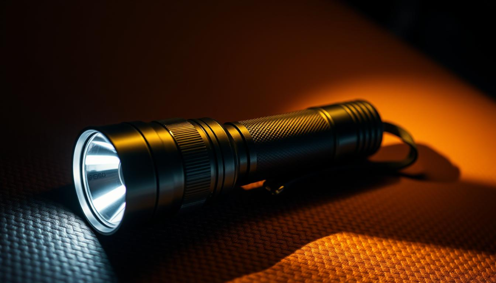 A high-quality, realistic image of a car emergency flashlight lying on a textured surface, illuminated by a soft, warm light. The flashlight should be a prominent focal point, with a well-defined body and reflective lens. The background should feature a subtle, complementary texture, such as a woven fabric or leather, to create a sense of depth and emphasize the flashlight's form. The lighting should be carefully considered, casting gentle shadows and highlights to convey the weight and solidity of the object. The overall mood should be one of reliability, preparedness, and attention to detail, reflecting the "Safety and Navigation Gear" section of the article.
