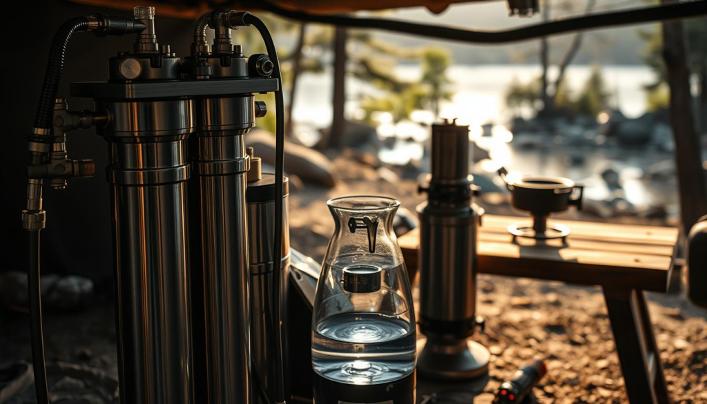 A high-quality water purification system in a dimly lit, rustic outdoor setting. In the foreground, a sturdy stainless steel water filter with multiple stages, hoses, and valves. The middle ground features a glass carafe for collecting purified water, and a hand pump or electric motor powering the filtration process. In the background, a wooden table or camp stove, with a wilderness backdrop of trees, rocks, and a calm body of water. Warm, natural lighting casts shadows and highlights the intricate details of the purification equipment, conveying a sense of reliability and self-sufficiency in an off-grid environment.
