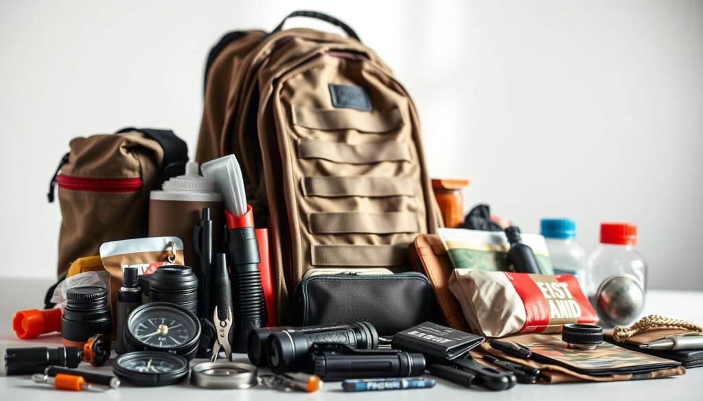 A highly detailed, crisp, and photorealistic image of a bug out bag checklist. The foreground features a neatly organized array of essential survival gear, including a compass, flashlight, first aid kit, multi-tool, and other critical supplies. The middle ground showcases the main bug out bag itself, a rugged, high-quality backpack in a neutral color. The background is a softly blurred, clean white studio setting, with natural side lighting creating depth and shadows that accentuate the textures of the items. The overall scene conveys a sense of preparedness, functionality, and attention to detail, suitable for illustrating tips on organizing a comprehensive bug out bag.